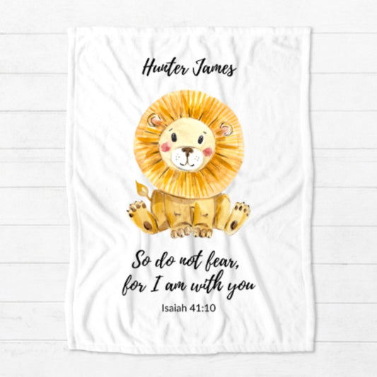 Personalized Scripture Minky Blanket - Do Not Fear Bible verse from Isaiah paired with an adorable lion watercolor image
