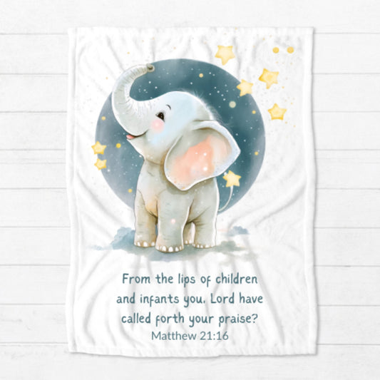 Personalized  Christian Minky Blanket - From the Lips of Children Bible verse from the book Matthew with an adorable watercolor elephant