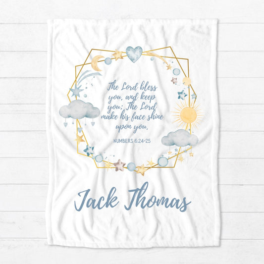 Personalized Bible Verse Minky Blanket - the Lord Bless You bible verse paired with an adorable celestial watercolor image
