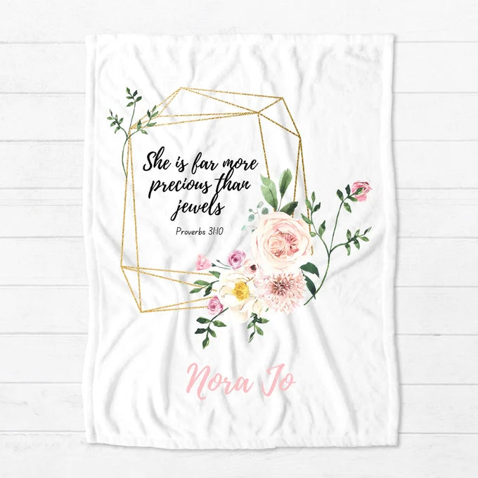 Personalized Scripture Baby Blanket | She is Precious Minky Blanket | Proverbs 31:10 | Bible Verse | Rose | Flowers