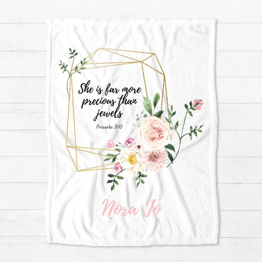 Personalized Scripture Baby Blanket | She is Precious Minky Blanket | Proverbs 31:10 | Bible Verse | Rose | Flowers